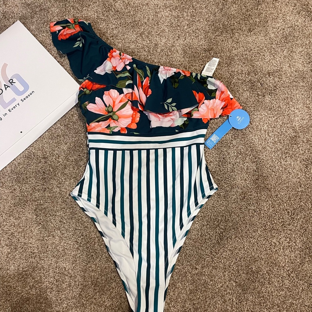 Cupshe One-Shoulder Floral & Stripe One-Piece Swimsuit - Green & Pink